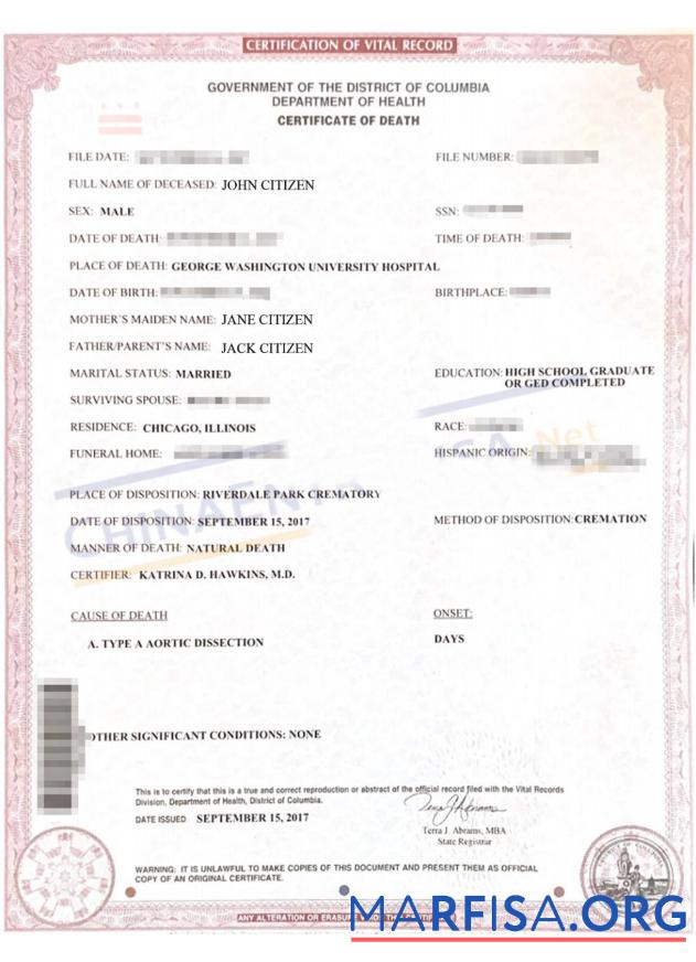 Blank Columbia district certificate of death example